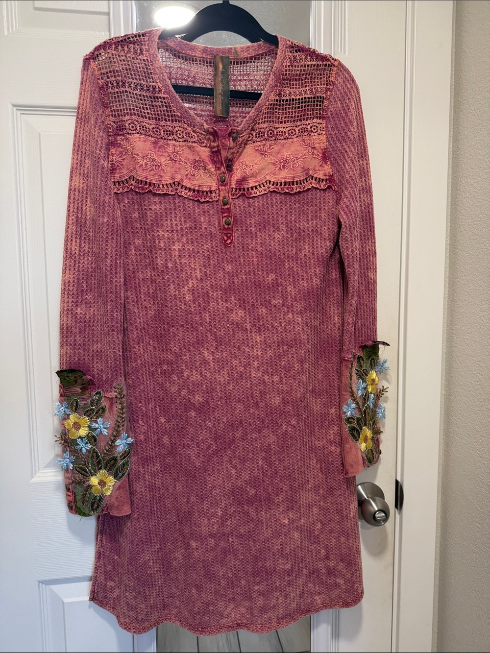 Embroidered Dusty Rose Long-Sleeve Knit Dress